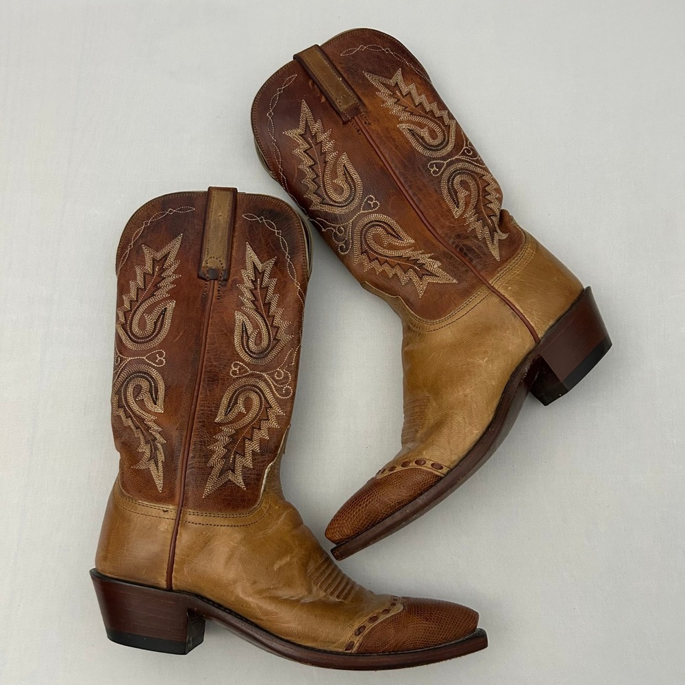 Lucchese 1883 Western Boots Womens 7B Tan Brown Lizard Snip Toe Leather Cowboy